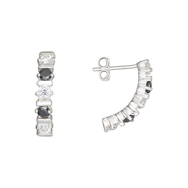 Earring, sterling silver and cubic zirconia, clear and black, 19mm with faceted round and post. Sold per pair. image number 0
