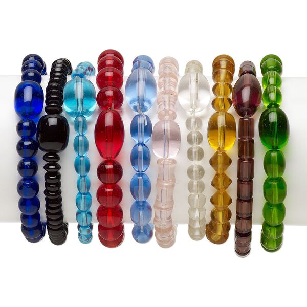 Bracelet, stretch, glass, assorted colors, 7-12mm multi-shape, 7-8 inches. Sold per pkg of 10. image number 0