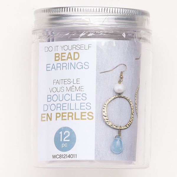 Earring starter kit, steel / glass pearl / glass, pkg/1, antique gold finish / blue / white. image number 0