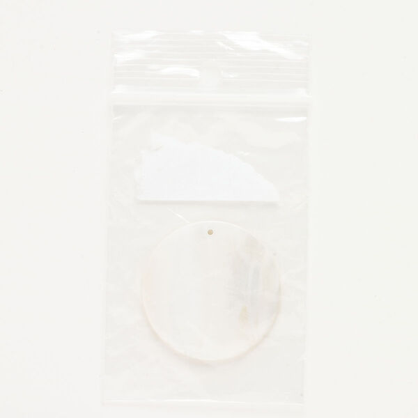 Focal, mother-of-pearl shell (bleached), 35mm top-drilled flat round, Mohs hardness 3-1/2. Sold individually. image number 0