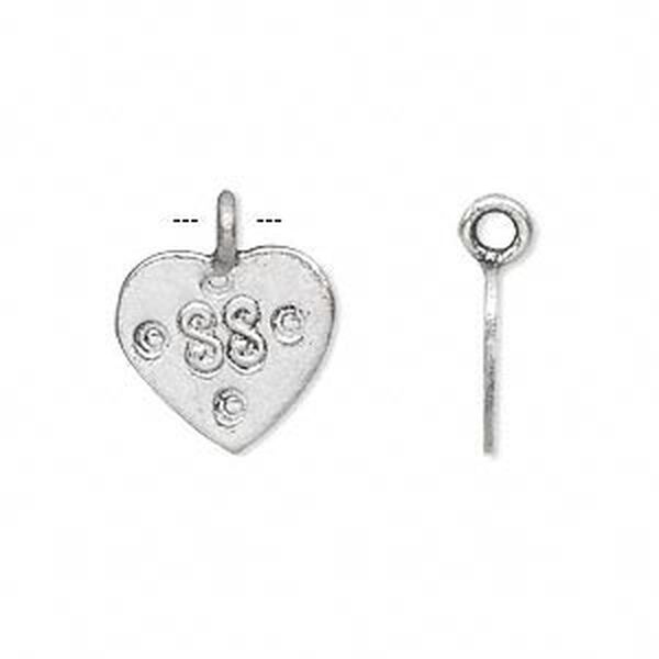 Drop, Hill Tribes, antiqued silver-plated brass, 15x15mm single-sided heart with "S" design. Sold per pkg of 2. image number 0