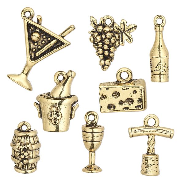 Charm set, antique gold-plated pewter (tin-based alloy), 14x5mm-20.5x15.5mm wine theme. Sold per 8-piece set. image number 0