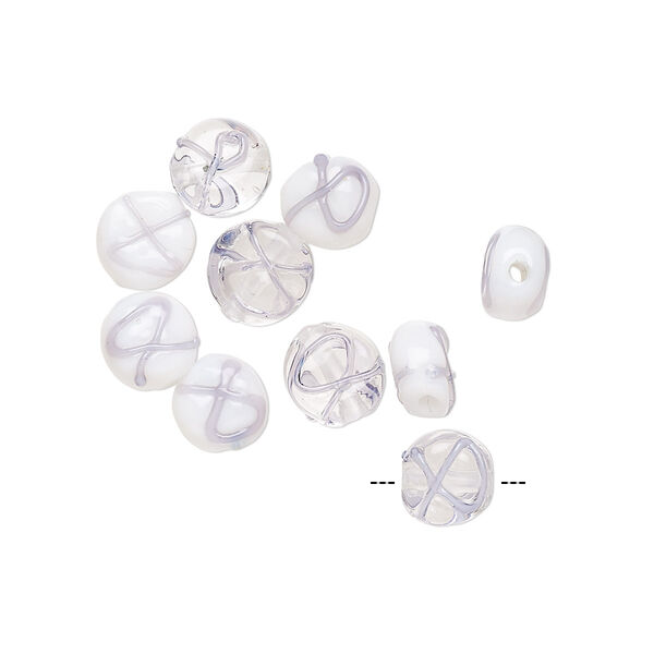 Bead, lampworked glass, transparent clear / opaque white / periwinkle, 7mm double-sided flat round with awareness ribbon. Sold per pkg of 12. image number 0