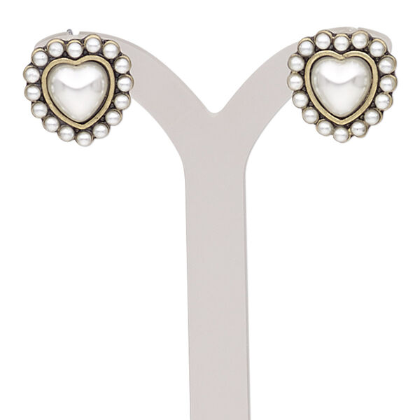 Earring, acrylic pearl with antique gold-finished steel and "pewter" (zinc-based alloy), white and grey, 15x15mm heart and post. Sold per pair. image number 0