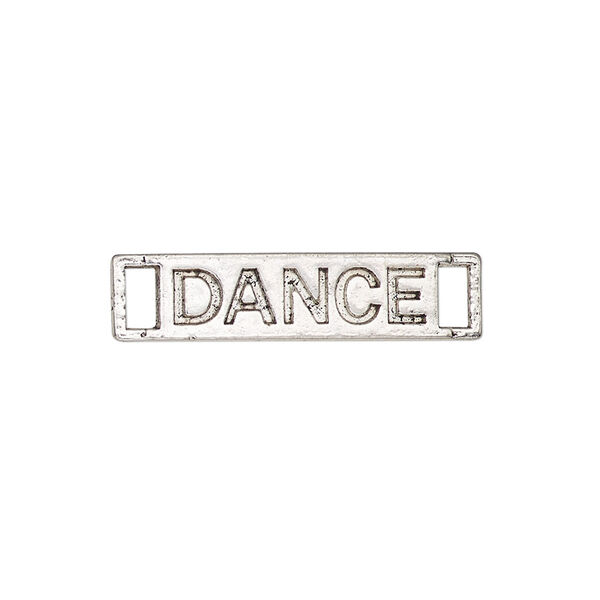 Link, antique silver-finished "pewter" (zinc-based alloy), 27.5x6.5mm single-sided curved flat rectangle with "DANCE." Sold per pkg of 2. image number 0