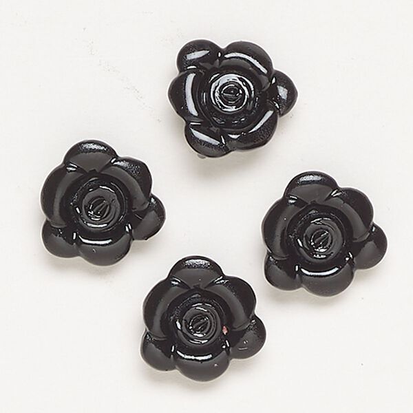 Charm, "pewter" (zinc-based alloy) and enamel, pkg/4, black, 13-14mm flower with hidden loop. image number 0