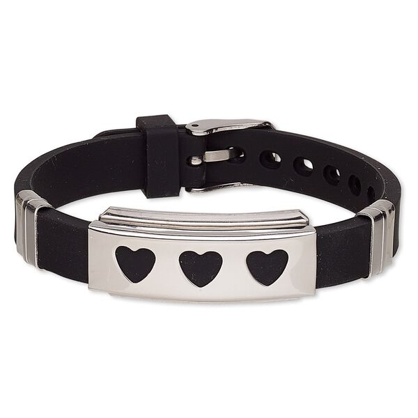 Bracelet, Softique™, silicone and stainless steel, black, 16mm wide with 39x16mm rectangle and cutout hearts, adjustable from 5-1/2 to 7-1/2 inches with buckle-style closure. Sold individually. image number 0