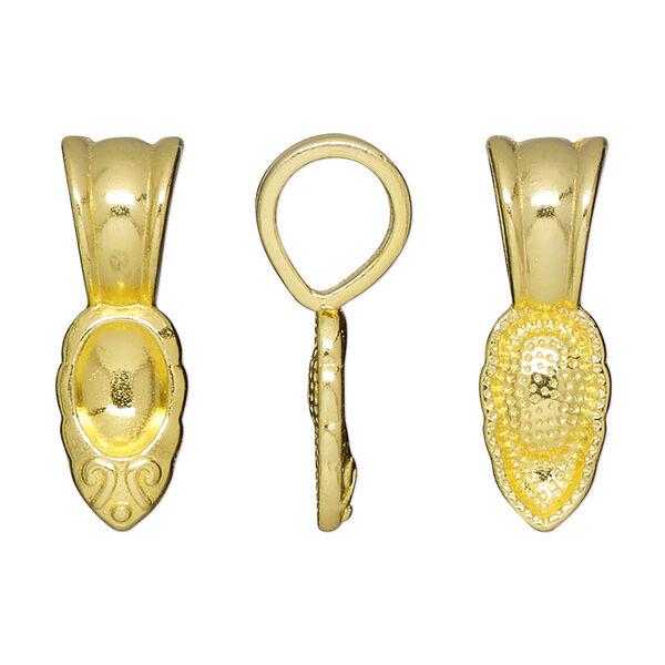 Bail, glue-on, gold-finished "pewter" (zinc-based alloy), 25.5x8.5mm leaf with 15x8.5mm pad. Sold per pkg of 10. image number 0