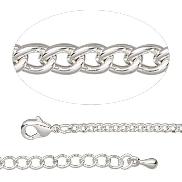 Chain, silver-plated steel and brass, 2.2mm curb, 18 inches with 2-inch extender chain and lobster claw clasp. Sold individually. image number 0