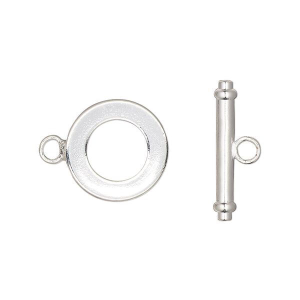 Clasp, toggle, silver-finished brass, 15mm round. Sold per pkg of 100. image number 0