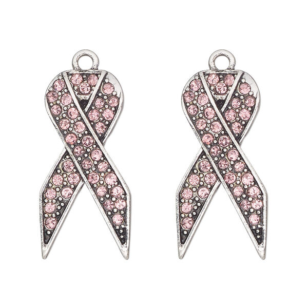 Charm, antique silver-finished "pewter" (zinc-based alloy) and glass, pink, 27x13mm single-sided awareness ribbon. Sold per pkg of 2. image number 0