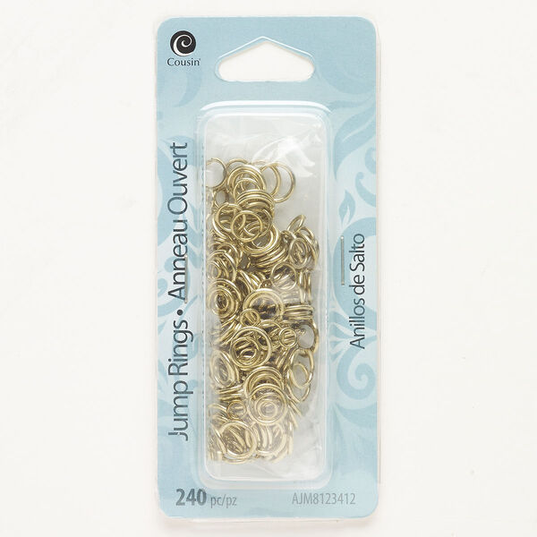 Jump ring mix, steel, pkg/240, gold finish, 4mm/6mm/8mm open round, 2.8-6.3mm inside diameter, 18-21 gauge. image number 0