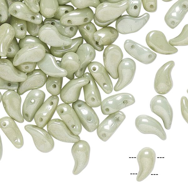 Bead, Zoliduo®, Czech pressed glass, opaque white mint green luster, 8x5mm double-drilled left-facing comma. Sold per pkg of 30. image number 0