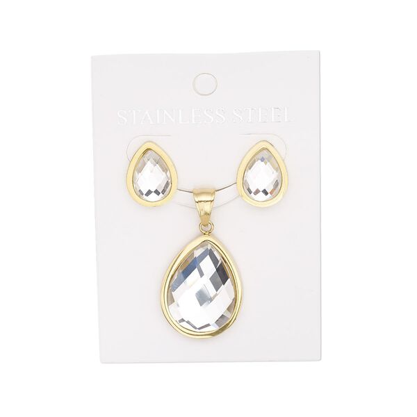 Pendant and earring, glass and stainless steel, clear, 29x21mm teardrop pendant, 17mm earrings with teardrop and post. Sold per set. image number 0