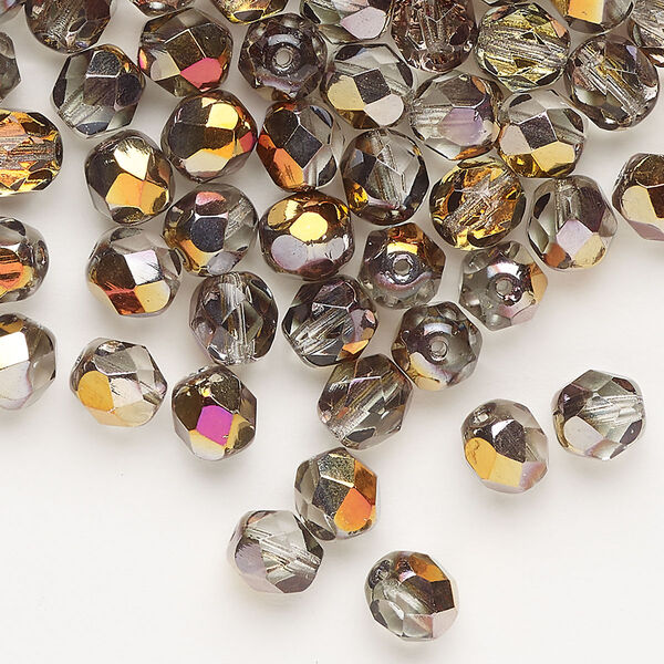 Bead, Czech fire-polished glass, pkg/100, opaque and translucent crystal clear vitrail, 6mm faceted round. image number 0