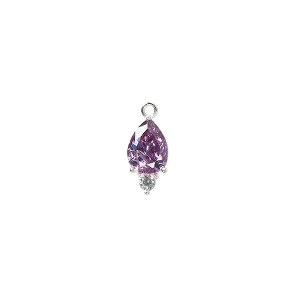 Drop, cubic zirconia and sterling silver, purple and clear, 12x6mm faceted pear. Sold individually. image number 0