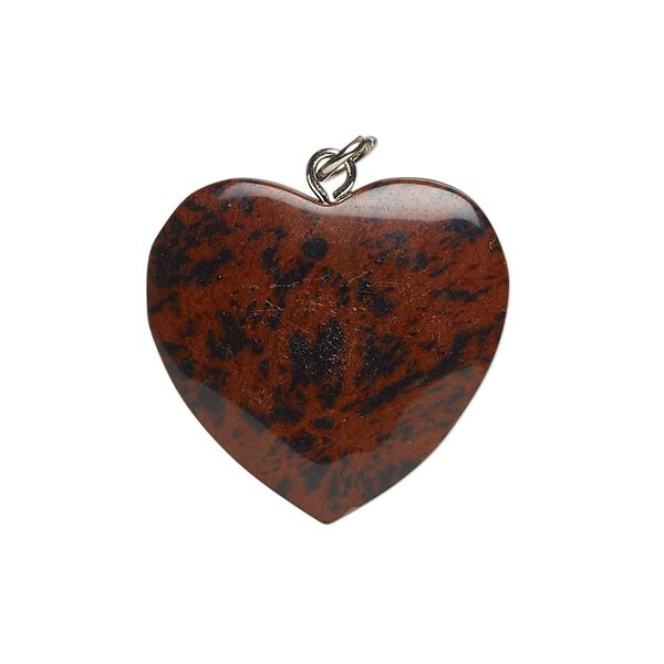 Drop, mahogany jasper (natural), pkg/1, silver finish opaque, 26mm puffed heart, B Grade. image number 0