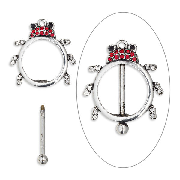 Focal, bead pin, glass rhinestone / antique silver-finished brass / "pewter" (zinc-based alloy), clear / red / black, 43x38mm single-sided ladybug with twist-off top, 23.5mm beadable length. Sold individually. image number 0
