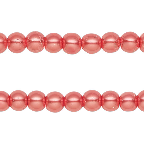 Bead, glass pearl, red-orange, 5-6mm round. Sold per pkg of (2) 15-inch strands, approximately 140 beads. image number 0