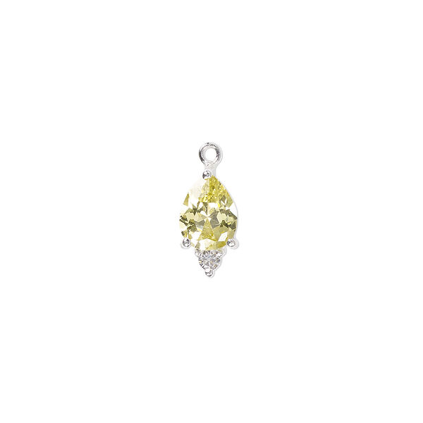 Drop, cubic zirconia and sterling silver, peridot green and clear, 12x6mm faceted pear. Sold individually. image number 0