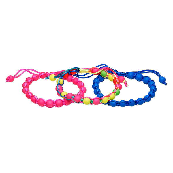 Bracelet, nylon and acrylic, blue / neon pink / multicolored, 9mm wide with 8mm round, adjustable from 6-1/2 to 9 inches with wrapped knot closure. Sold per pkg of 3. image number 0