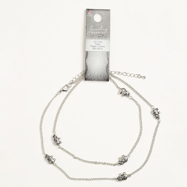 Necklace, silver-finished steel and "pewter" (zinc-based alloy), 2mm curb with 12x8mm elephant, 26 inches with 3-inch extender chain and lobster claw clasp. Sold individually image number 0