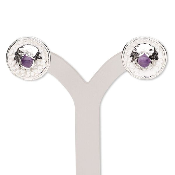 Earring, amethyst (natural) and sterling silver, 14mm hammered round with post. Sold per pair. image number 0