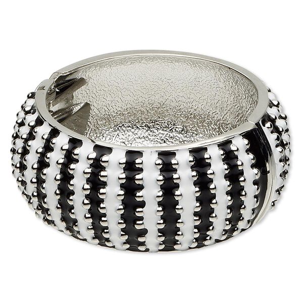 Bracelet, hinged bangle, epoxy and rhodium-finished "pewter" (zinc-based alloy), black and white, 32mm wide with raised dot design, 7 inches. Sold individually. image number 0