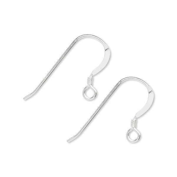 Ear wire, sterling silver, 16mm flat fishhook with 2mm coil and open loop, 20 gauge. Sold per pkg of 500 pairs. image number 0