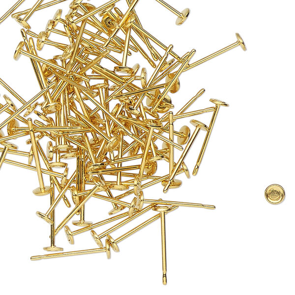 Earstud, gold-finished steel, 3mm flat pad. Sold per pkg of 50 pairs. image number 0