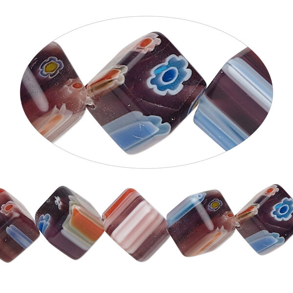 Bead mix, millefiori glass, opaque multicolored, 8mm diagonally-drilled cube with 0.6-0.8mm hole. Sold per 15-inch strand. image number 0
