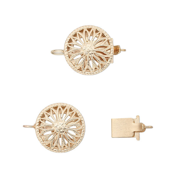 Clasp, tab, 14Kt gold-filled, 12mm round with flower design. Sold individually. image number 0