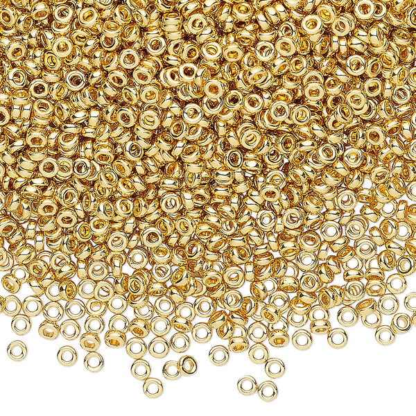 Seed bead, Miyuki, glass, pkg/250g, 2.2x1mm spacer rondelle, opaque 14Kt gold-plated, (SPR2.2-191). image number 0