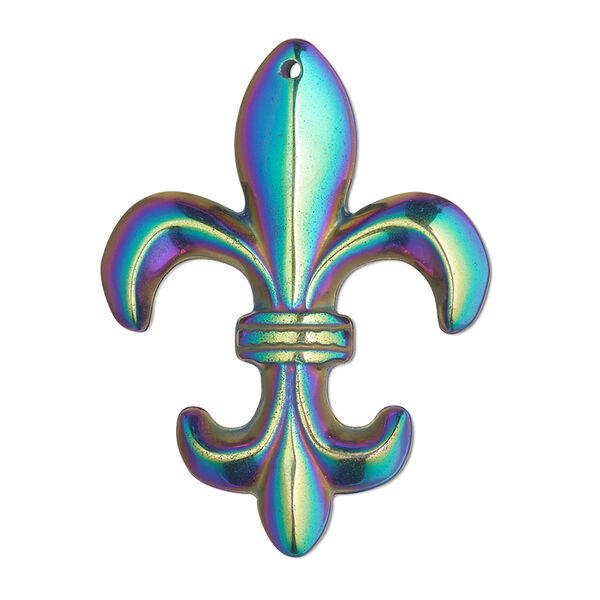 Focal, electroplated Hemalyke™ (man-made), rainbow, 38x28.5mm single-sided fleur-de-lis. Sold individually. image number 0