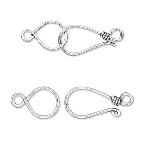 Clasp, hook-and-eye, antiqued sterling silver, 32x10mm single wire. Sold individually. image number 0