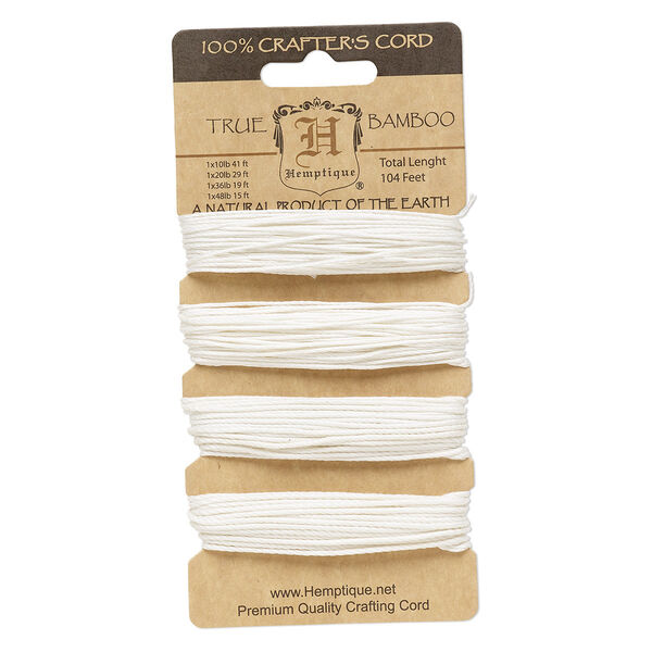 Cord, Hemptique®, polished bamboo, white, 0.5mm / 1mm / 1.5mm / 1.8mm diameter, 10- / 20- / 36- / 48-pound test. Sold per card. image number 0