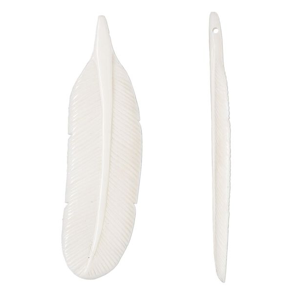Focal, bone (bleached), white, 69x19mm hand-carved side-drilled double-sided feather, Mohs hardness 2-1/2. Sold individually. image number 0