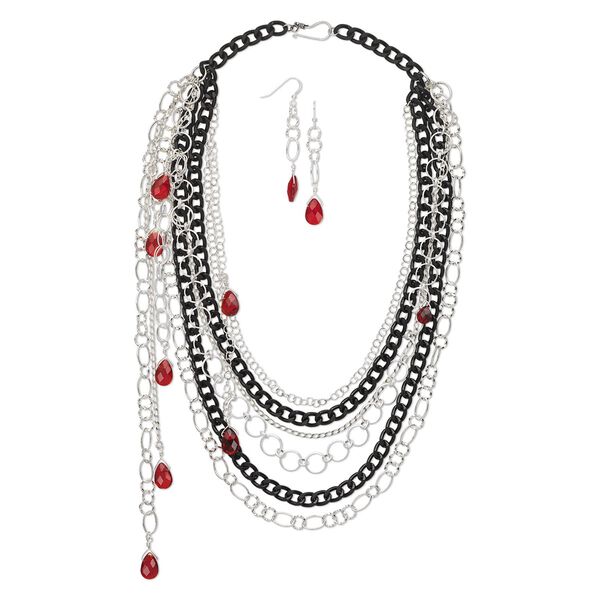 Necklace and earring set, One of a Kind jewelry, sterling silver / anodized aluminum / glass, black and red, 24-inch necklace. Only one available. image number 0