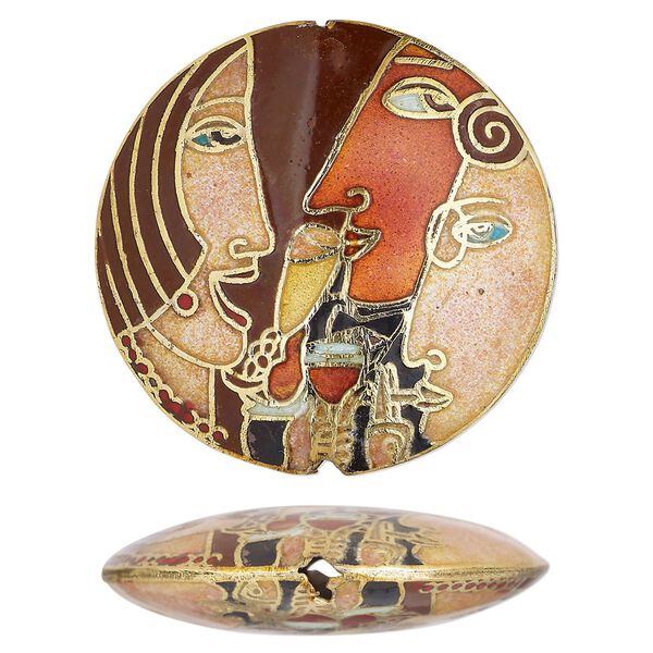 Bead, cloisonné, multicolored, 35x10mm double-sided puffed round with side profile face design. Sold individually. image number 0