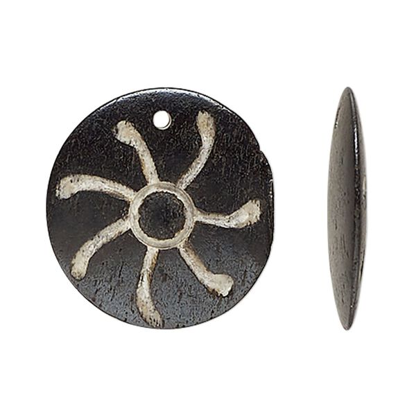 Drop, bone (dyed), black and tan, 23-24mm flat round with sun design. Sold per pkg of 4. image number 0