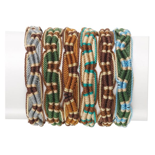 Bracelet mix, nylon, multicolored, 11mm wide, adjustable from 6-1/2 to 8-1/2 inches with tie closure. Sold per pkg of 6. image number 0