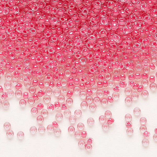 Seed bead, Miyuki, glass, pkg/25g, #11 rocaille, translucent carnation pink-lined luster crystal clear (RR-208). image number 0