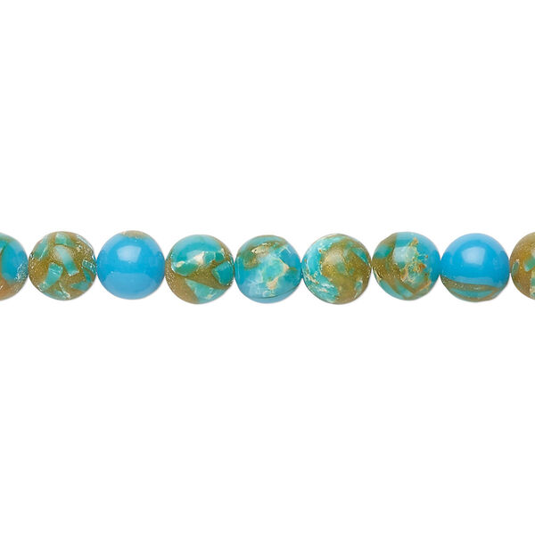 Bead, resin and multi-stone (dyed / assembled), turquoise blue / brown / white, 6mm round. Sold per 8-inch strand, approximately 30 beads. image number 0