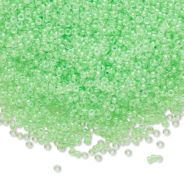 Seed bead, Miyuki, glass, pkg/35g, #15 rocaille, translucent luminous inside dyed color mint green, (RR-1120). image number 0