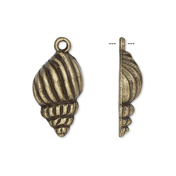 Charm, antique brass-plated "pewter" (zinc-based alloy), 22x13mm single-sided seashell. Sold per pkg of 4. image number 0