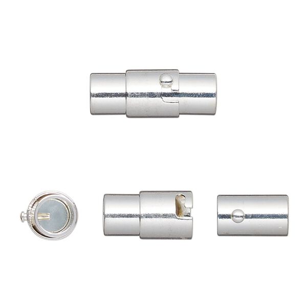 Clasp, magnetic, silver-finished brass, 18x7mm locking round tube with glue-in ends. Sold per pkg of 2. image number 0