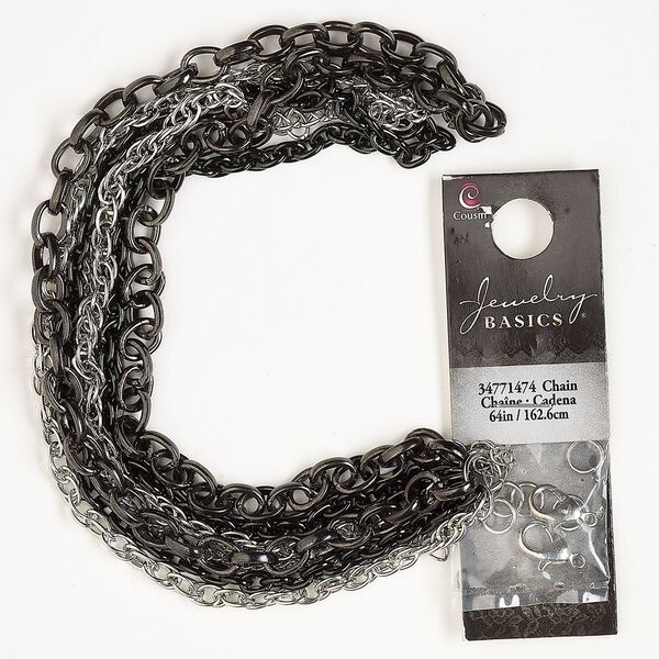 Chain and finding assortment, silver- and black-finished "pewter" (zinc-based alloy) and steel, 2-6mm mixed shapes. Sold per pkg of 12. image number 0