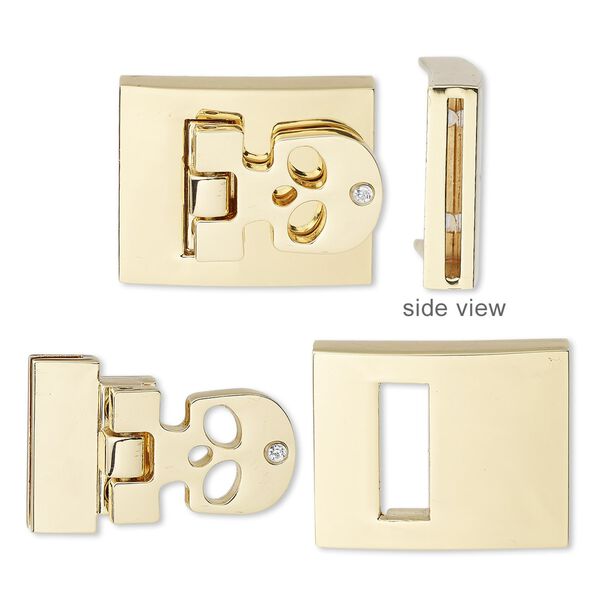 Clasp, hinged buckle, glass rhinestone / gold-finished steel / "pewter" (zinc-based alloy), clear, 29x23mm rectangle with skull and cutouts with glue-in ends and (6) micro screws, 20x1.5mm inside diameter. Sold individually. image number 0