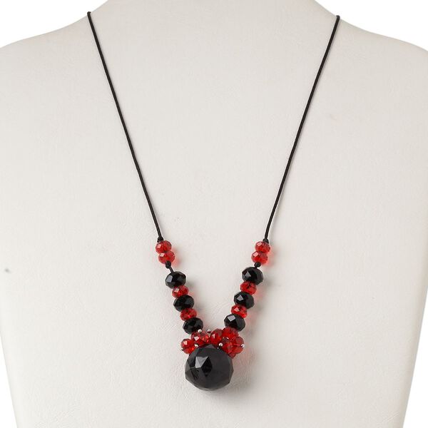 Necklace, silver-finished steel / nylon / glass, black and red, 22x21mm faceted teardrop, 20 inches with 2-inch extender chain and lobster claw clasp. Sold individually. image number 0