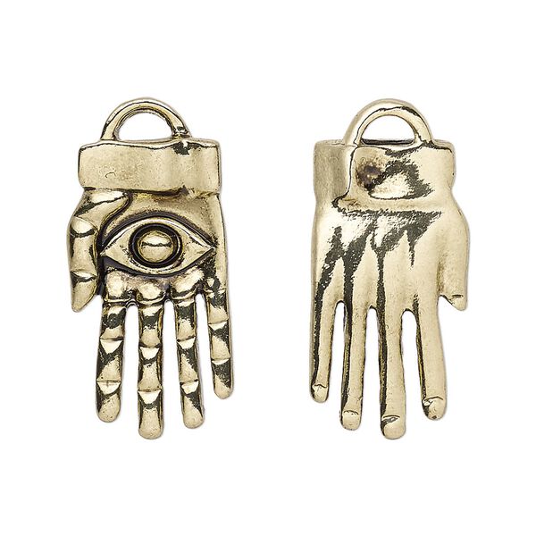 Focal, antique gold-finished "pewter" (zinc-based alloy), 30x14mm 3D hand with all seeing eye. Sold per pkg of 4. image number 0